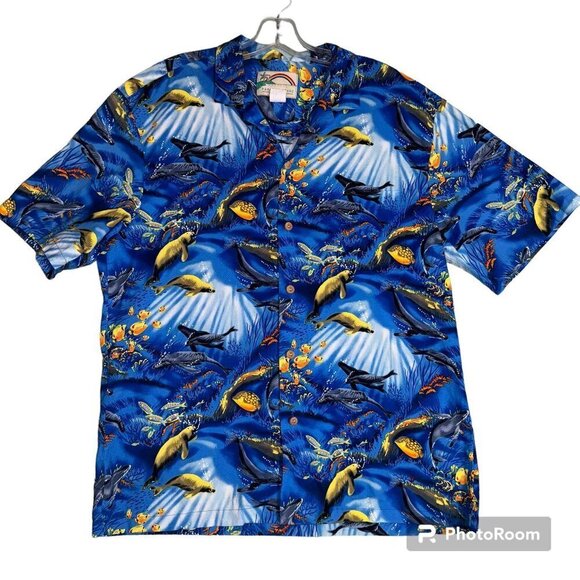 Vintage Paradise Found Hawaiian Shirt Button Down Fish Printed Cotton Large - Picture 1 of 5